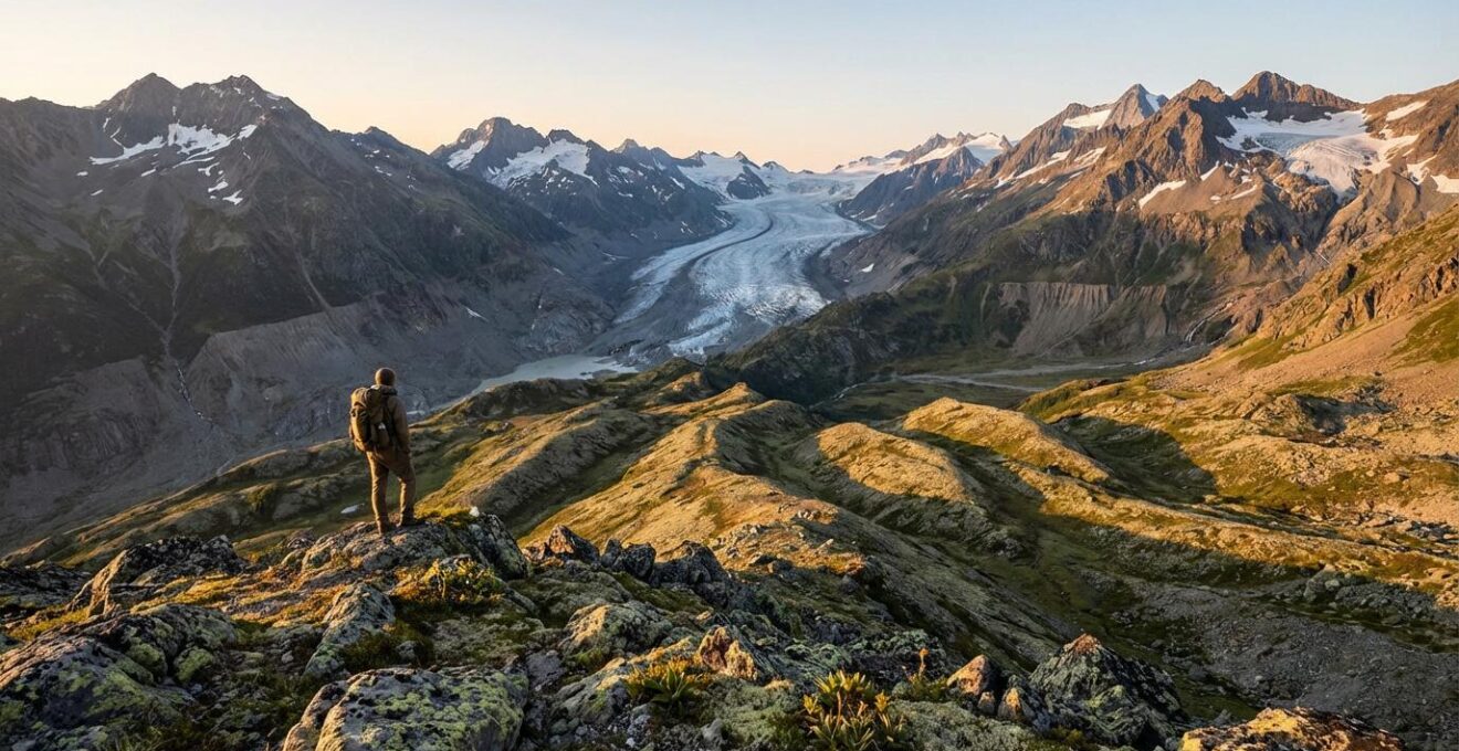 Randonneur contemplant un glacier alpin en recul avec moraines visibles et parois rocheuses exposées
