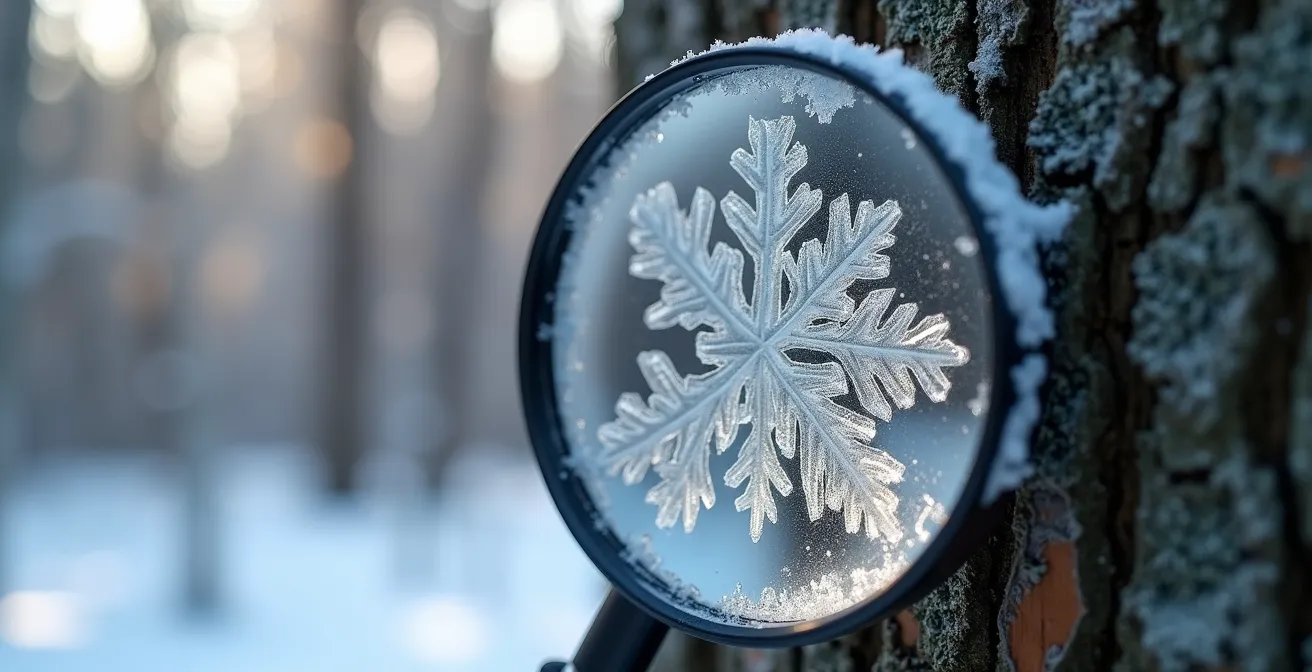 Loupe de botaniste grossissant des cristaux de neige avec détails de leur structure hexagonale