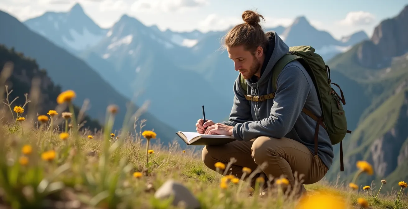 Randonneur observant et photographiant la flore alpine avec un carnet de notes dans un paysage montagnard