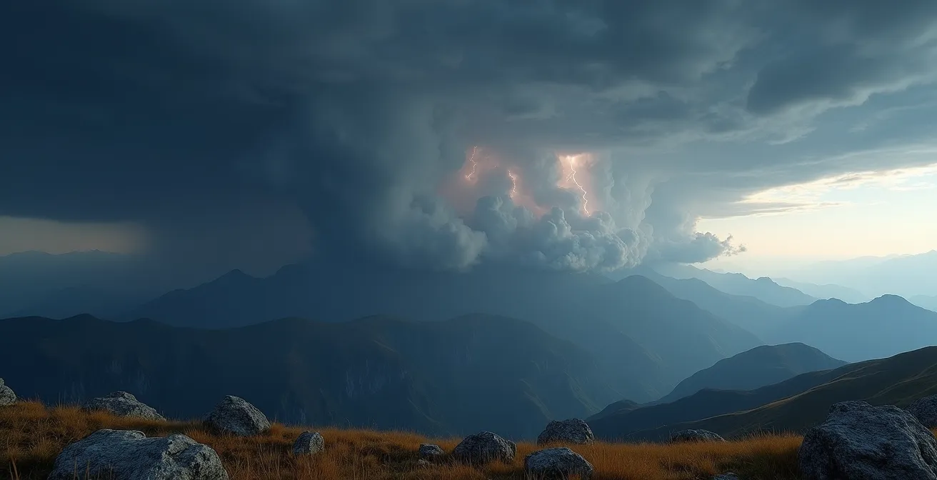 Cumulus menaçants se développant rapidement au-dessus des sommets montagneux