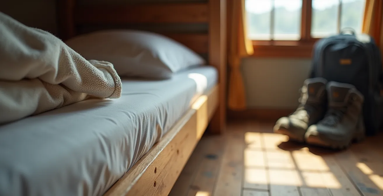 Espace personnel bien organisé dans un dortoir avec séparation claire entre zone propre et équipement