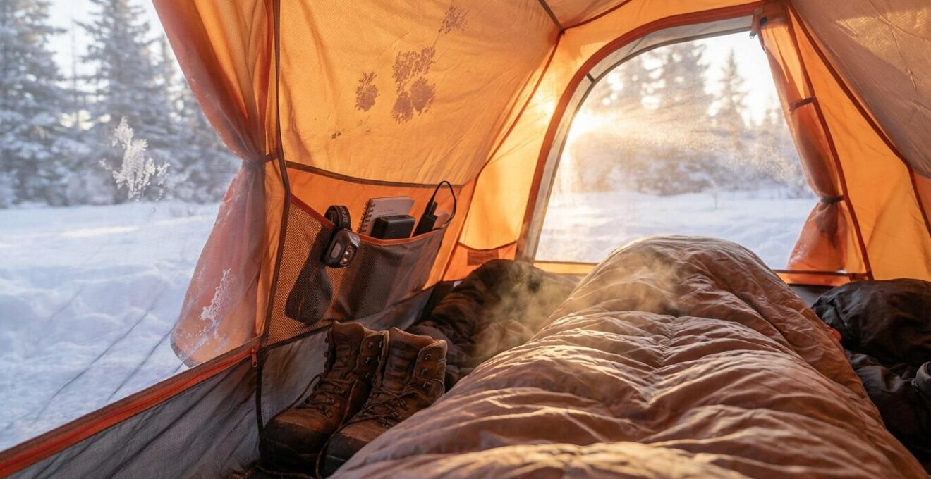 Vue intérieure d'une tente avec équipement organisé pour la nuit hivernale