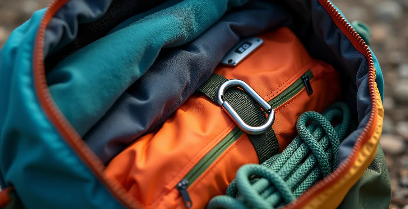 Vue éclatée d'un sac d'alpinisme montrant l'organisation par zones de fréquence d'accès