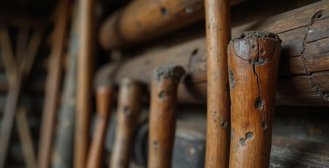 Gros plan sur des outils en bois anciens avec leur patine naturelle accrochés sur un mur de chalet