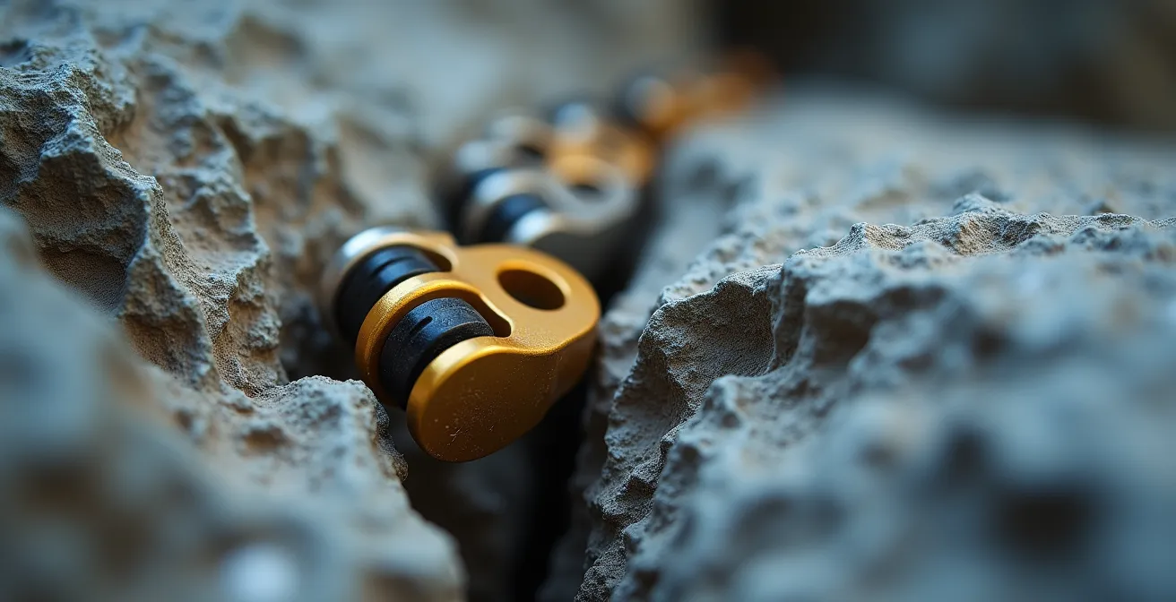 Vue macro d'un coinceur mécanique dans une fissure montrant le phénomène de déplacement