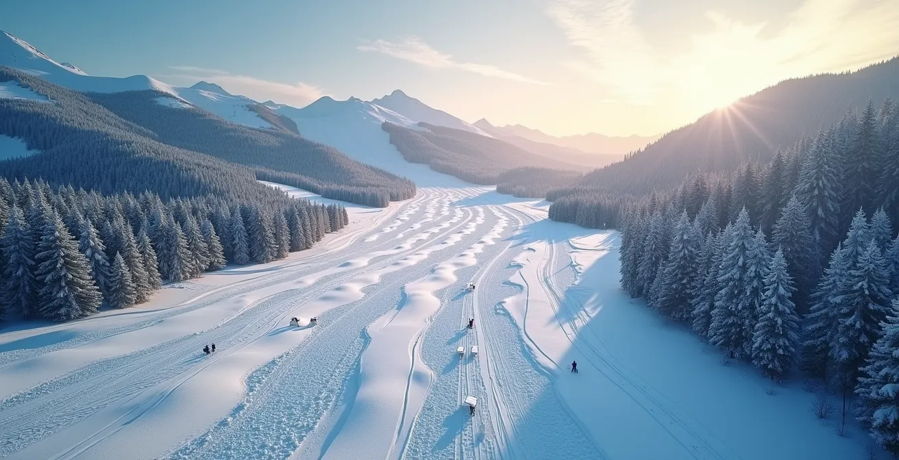 Vue aérienne d'un plan de domaine skiable montrant les flux de circulation et les zones moins fréquentées