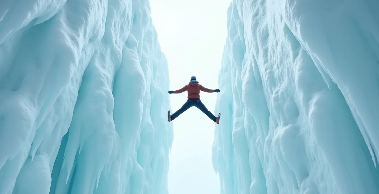 Grimpeur en position triangulaire sur paroi de glace, vue de face montrant l'écartement des jambes