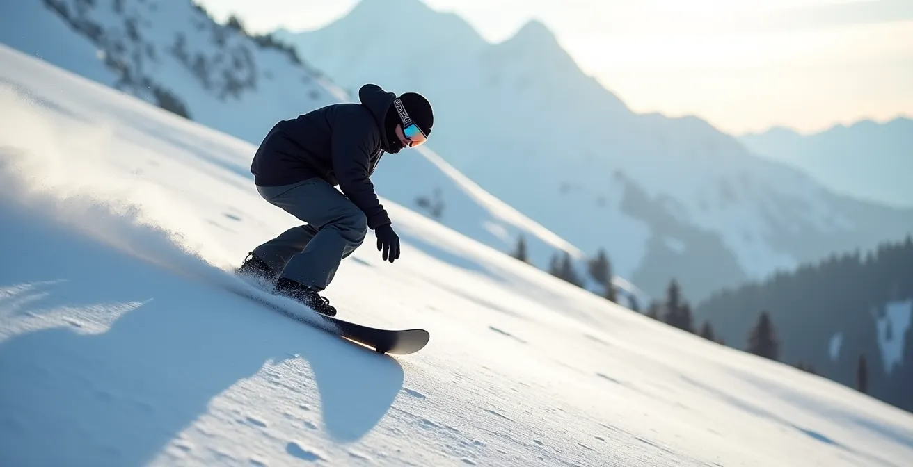 Snowboardeur en position de préparation pour un 180 avec flexion sur la carre