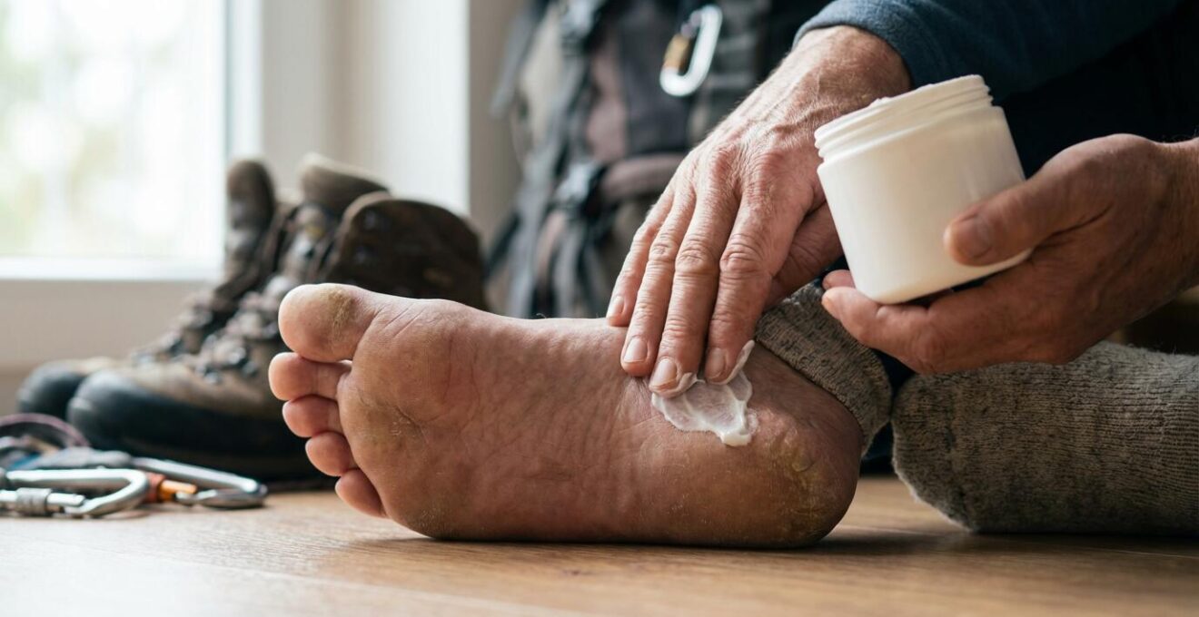 Gros plan macro sur des pieds de randonneur avec texture de peau renforcée et application de crème préventive