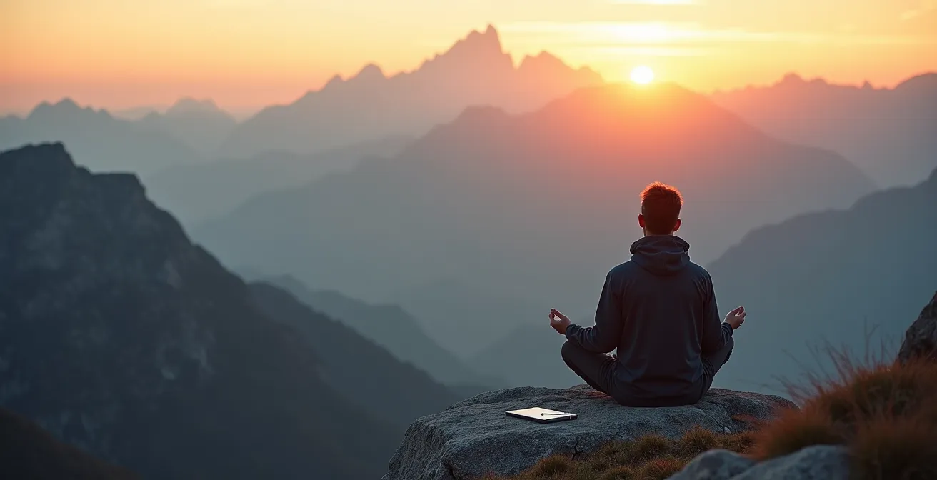 Randonneur en méditation face à un panorama de sommets enneigés