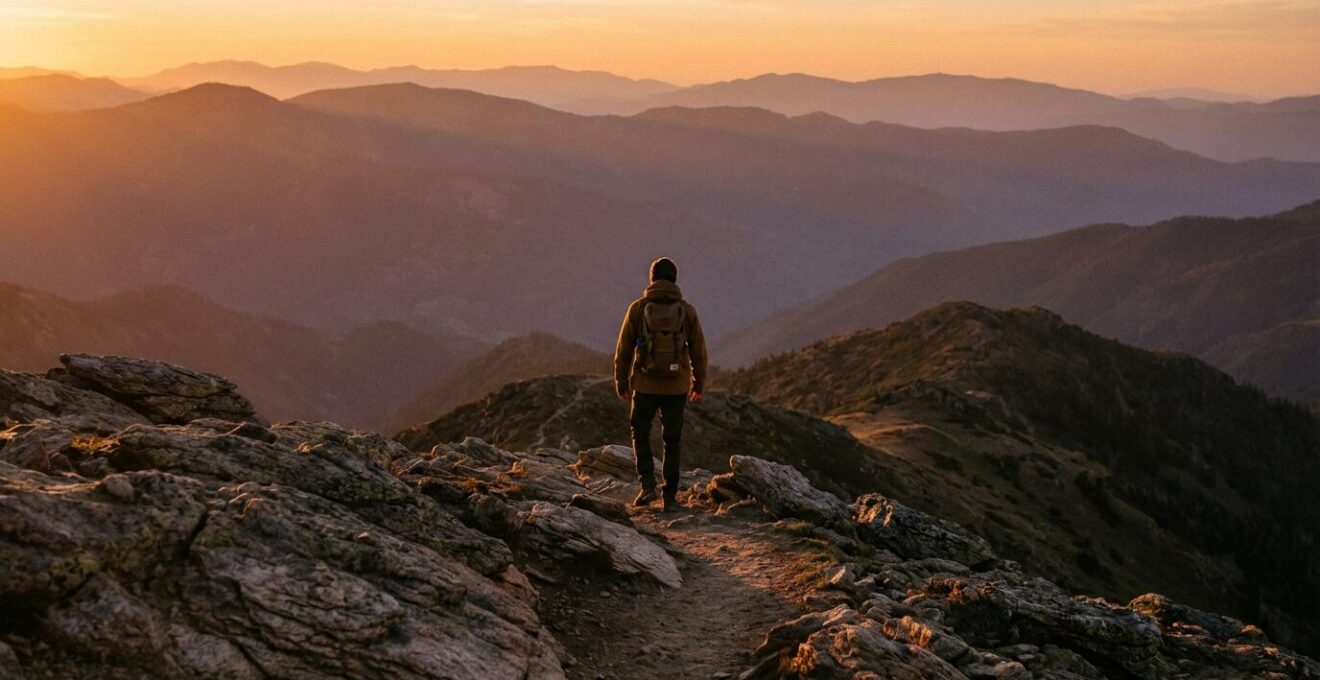 Randonneur méditant face à un panorama montagnard au lever du soleil