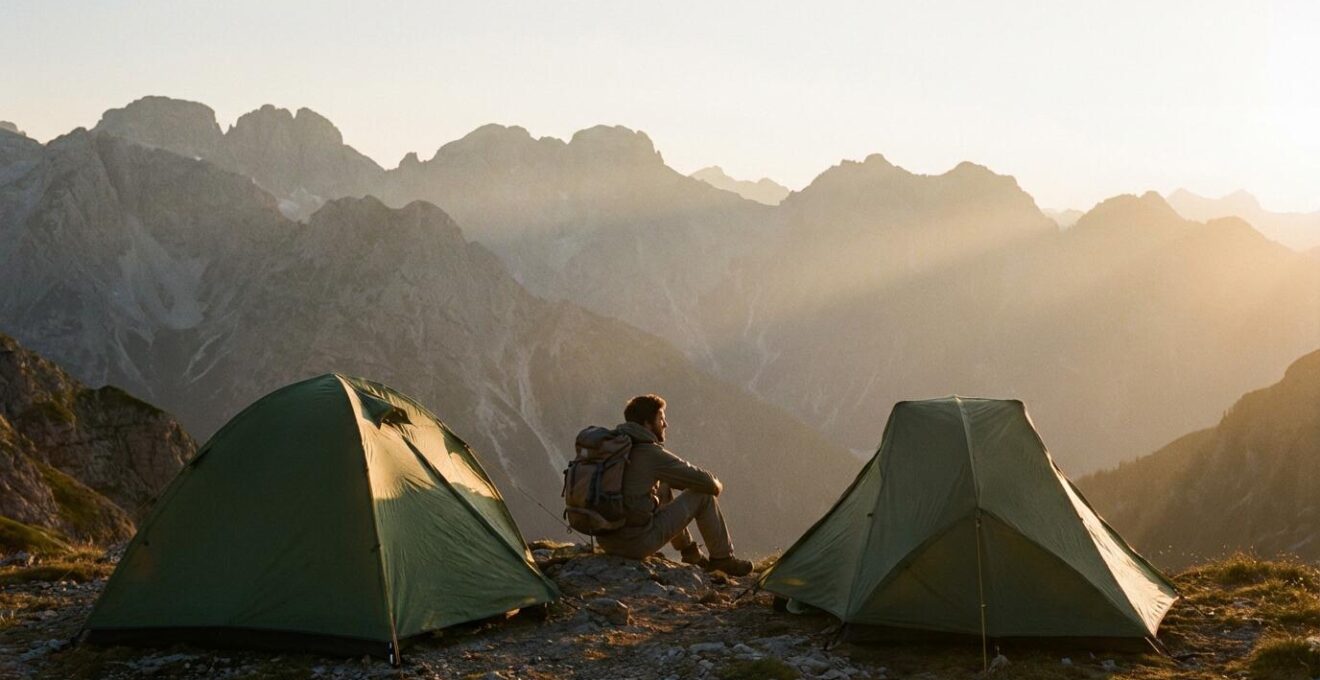 Randonneur seul assis devant sa tente au crépuscule, contemplant un paysage montagneux immense