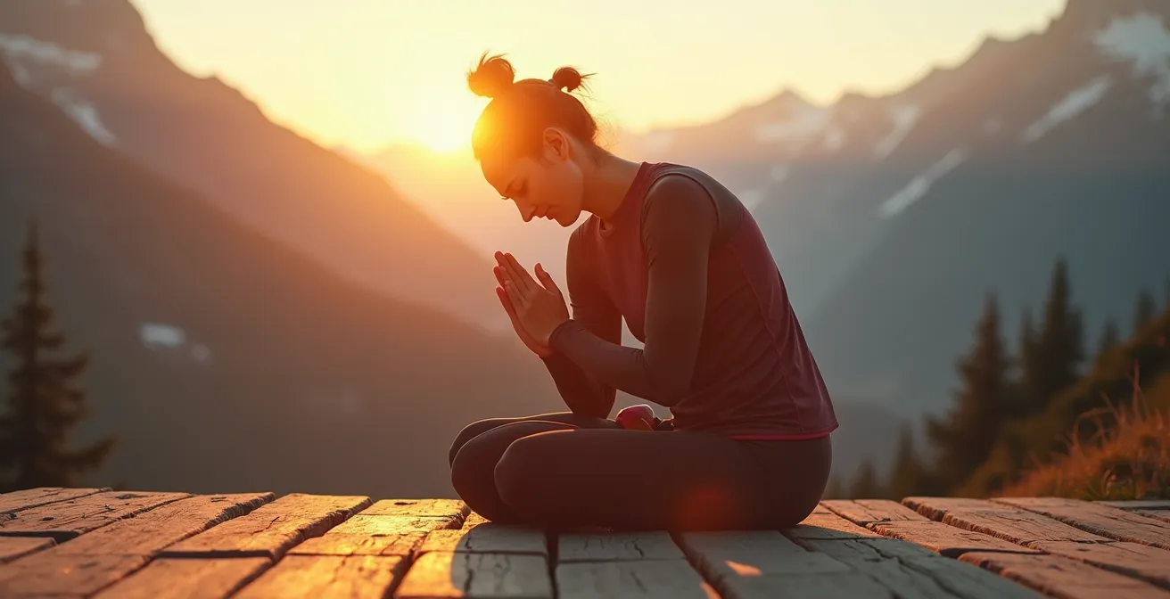 Alpiniste en séance d'étirement sur terrasse de refuge avec vue sur les sommets