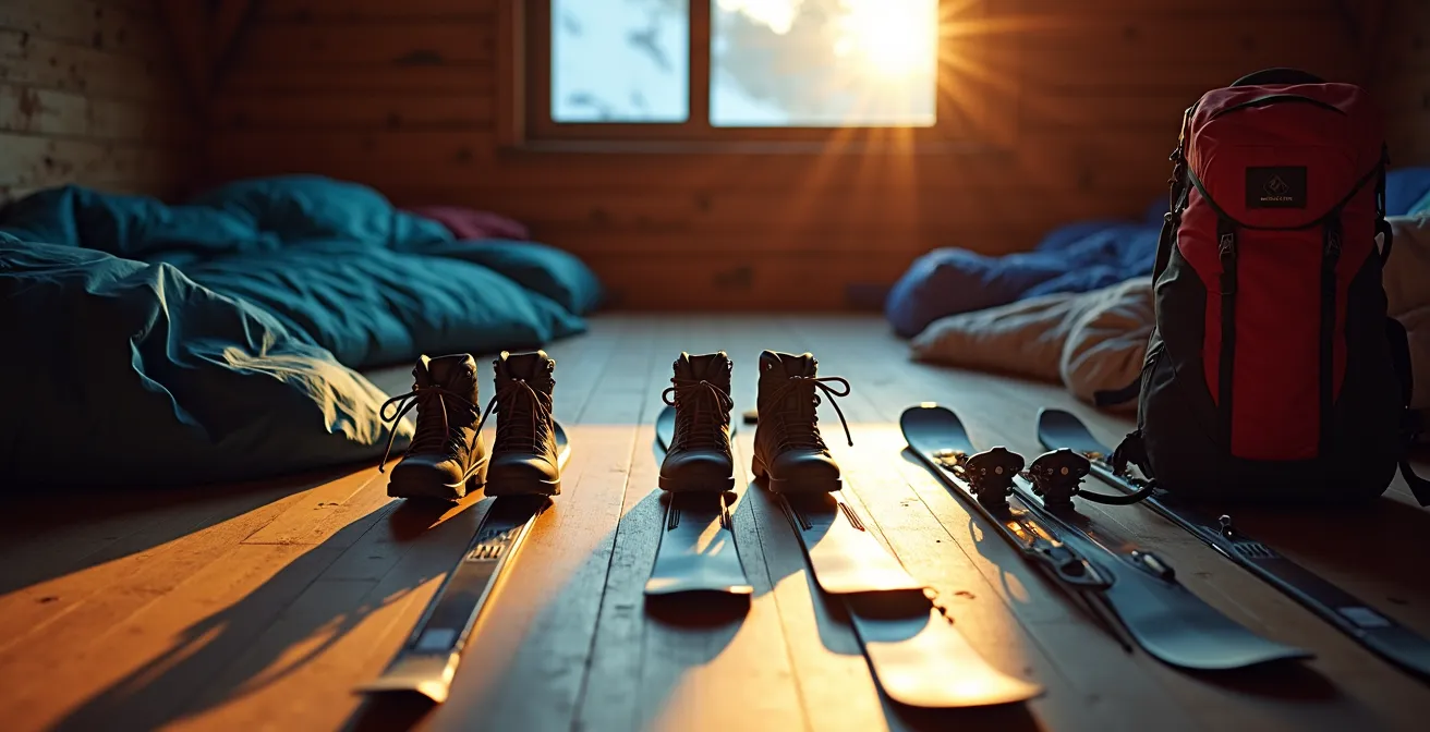 Équipement de ski de randonnée soigneusement organisé dans un refuge de montagne, prêt pour un départ matinal.