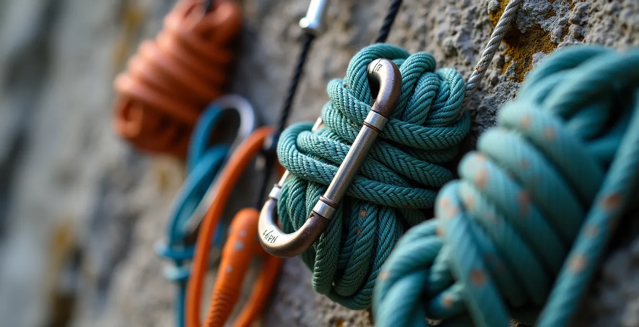 Vue rapprochée d'un relais d'escalade avec cordes organisées et matériel trié sur la paroi