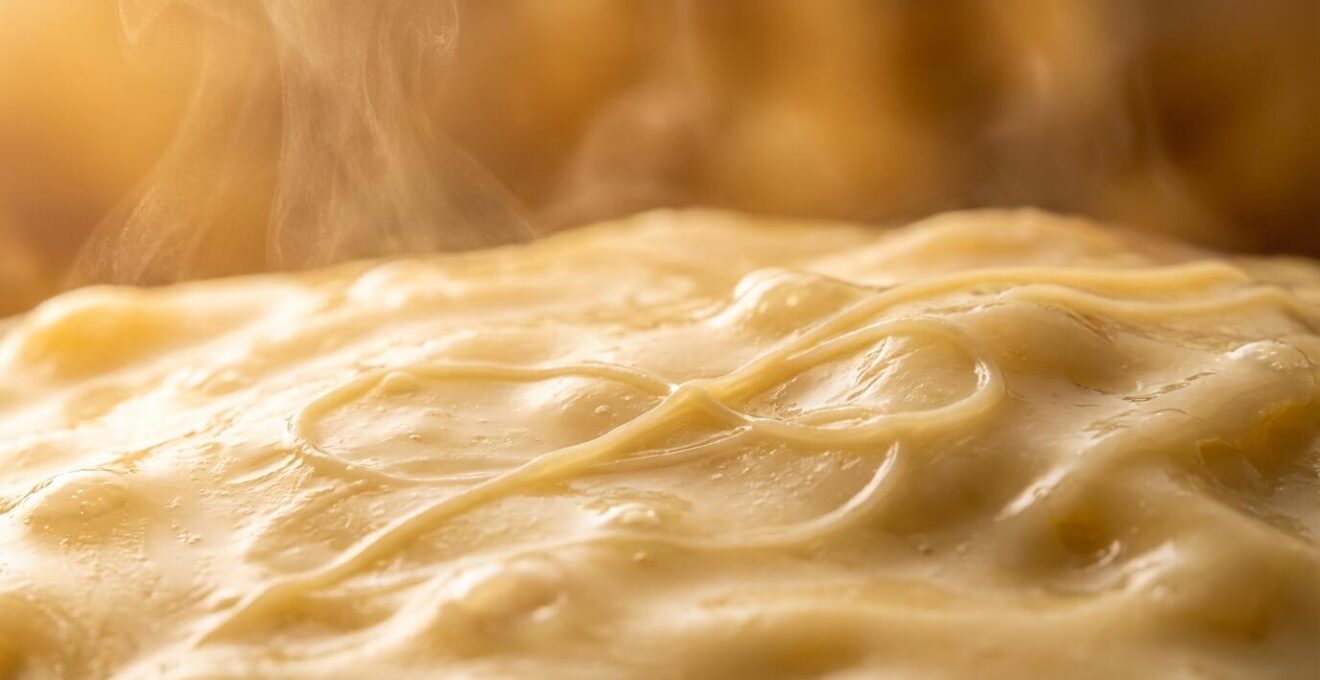 Texture crémeuse d'une fondue parfaitement émulsionnée vue en macro