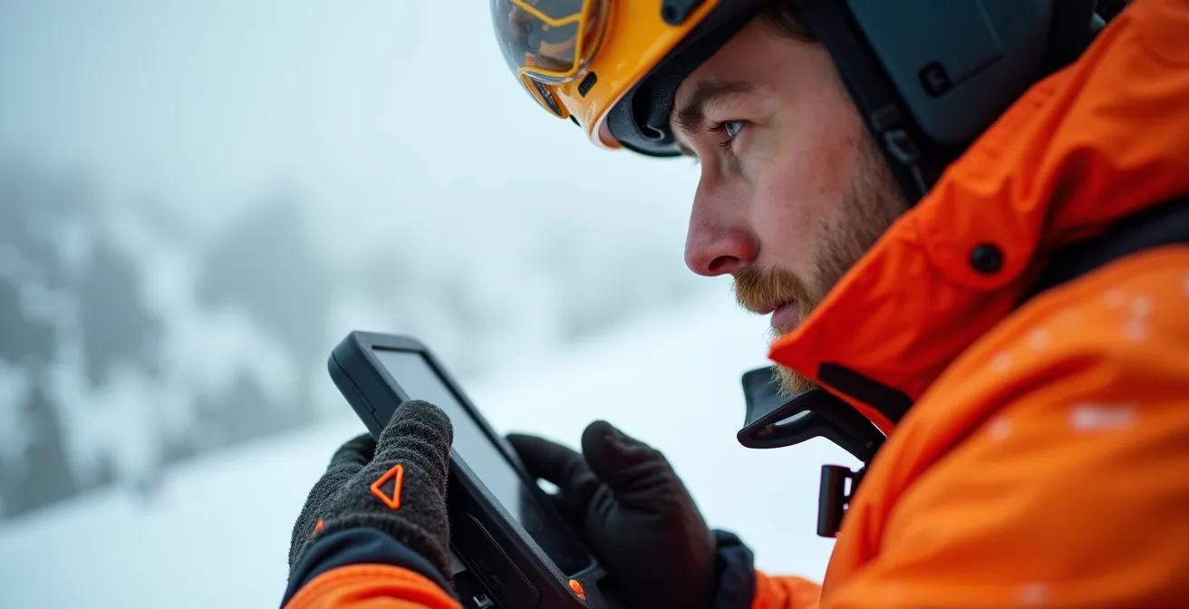 Secouriste utilisant un DVA pour la recherche en avalanche dans un environnement montagnard