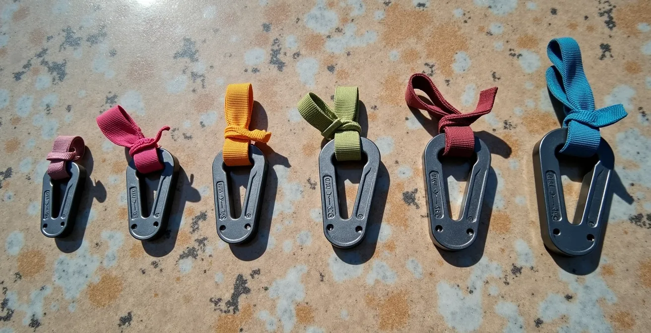 Rangée de cinq coinceurs mécaniques de tailles différentes posés sur une surface rocheuse