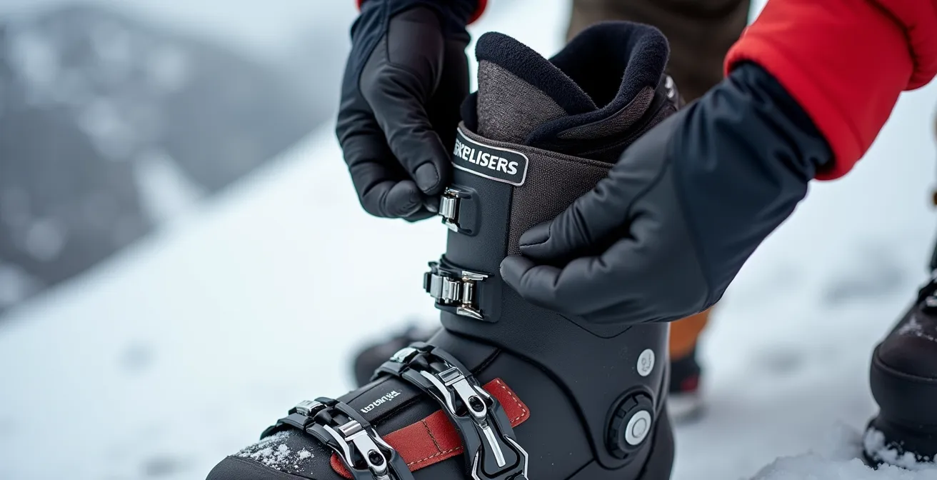 Vue rapprochée d'une main ajustant les crochets ouverts d'une chaussure de ski de randonnée en mode montée.