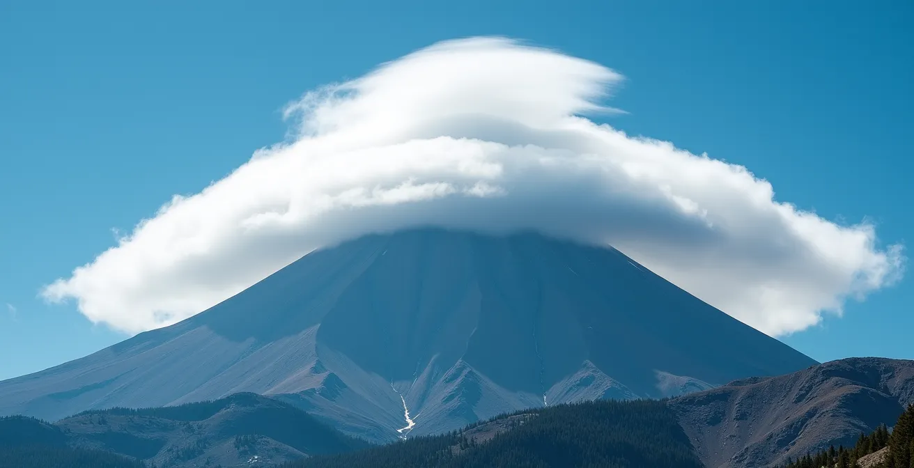 Formation nuageuse caractéristique en chapeau au sommet d'une pyramide rocheuse
