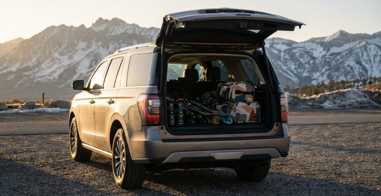 Vue arrière d'un SUV avec coffre ouvert contenant du matériel de ski bien rangé