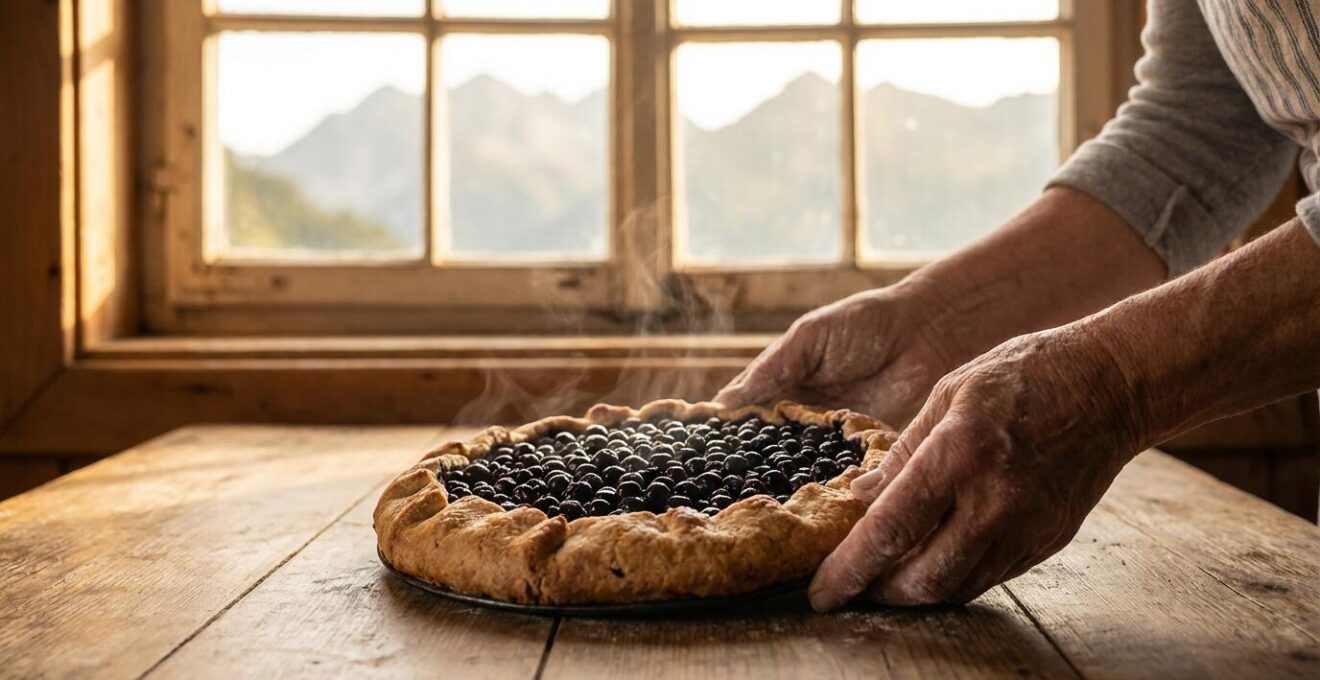 Tarte aux myrtilles sauvages sur une table en bois avec vue sur les sommets alpins