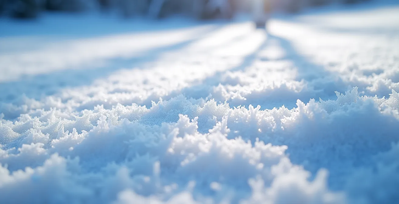 Gros plan sur texture de neige avec ombres révélant le relief des cristaux