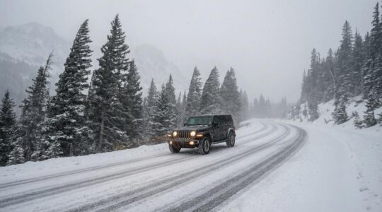 Route de montagne enneigée lors d'une tempête de neige avec une voiture équipée sur les lacets