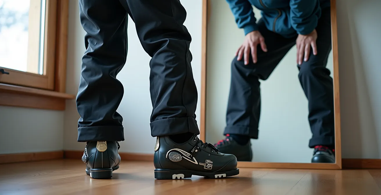 Skieur effectuant un test de flexion face au miroir pour vérifier l'alignement des genoux dans ses chaussures de ski