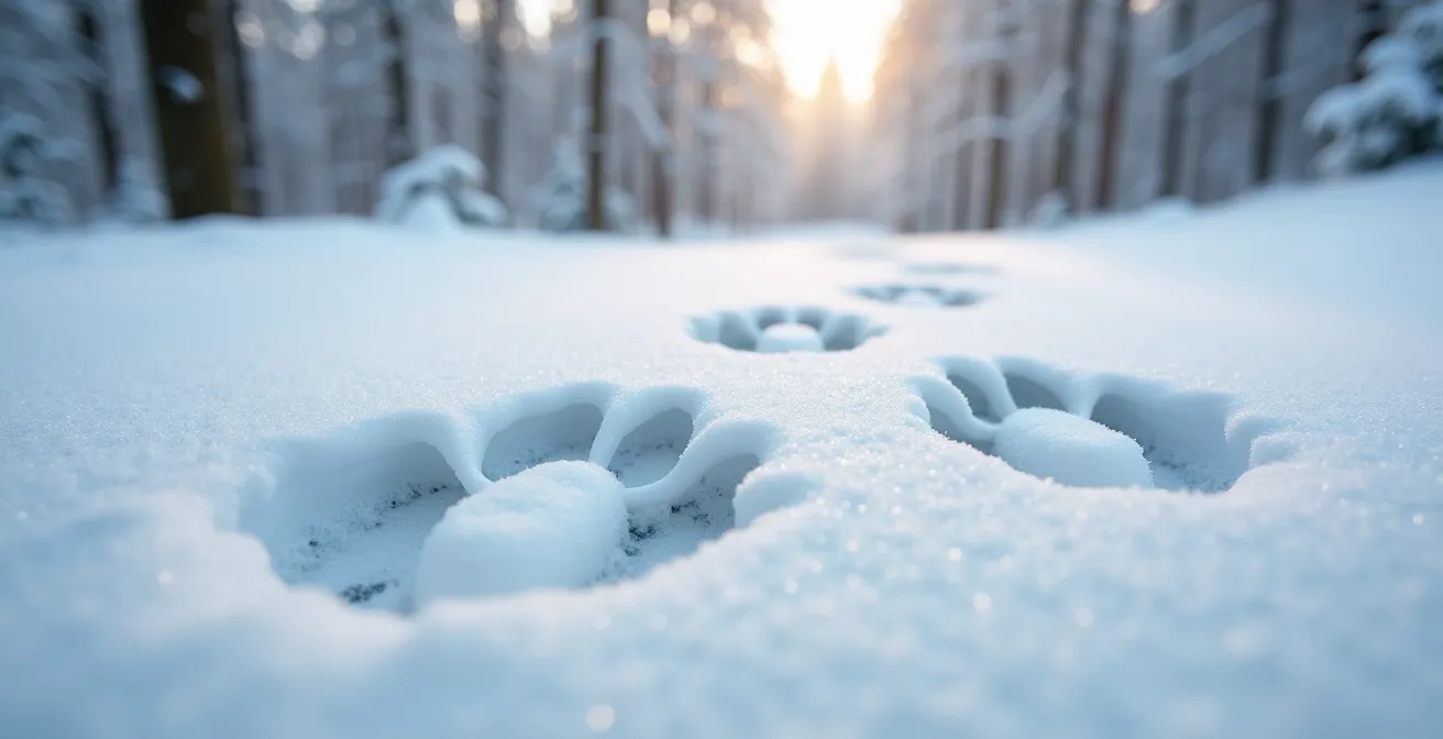 Traces de lièvre variable dans la neige fraîche avec jumelles d'observation à distance respectueuse