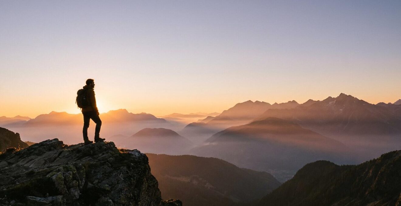 Randonneur avec sac à dos en haute montagne au lever du soleil, face à un panorama de sommets alpins