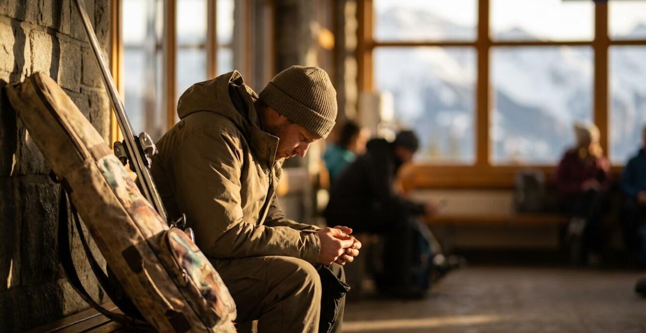 Personne consultant son smartphone dans une gare de montagne en attendant sa correspondance